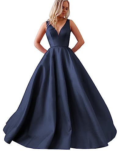 Satin A Line Prom Dresses for Bride V Neck Prom Dresses with Pockets Simple Long Ball Gowns
