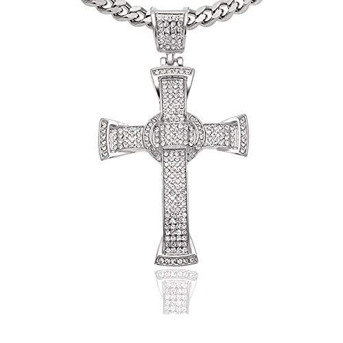 Nsitbbuery Hip Hop Rapper Iced Out Crystal Cross Pendant Stainless Steel Chain Necklace