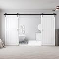 COSHOMER 76" x 84" (Double 38" x 84" Doors) Barn Door with 13FT Sliding Door Hardware Kit Included, Assemblely Needed, Waterproof PVC Surface, White, H Frame