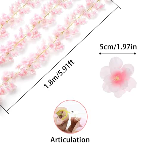 Bebochoi 3 Stück Künstliche Kirschblüten Girlande Blumenranke, 1,8M Kirschblüte Hangend Vine Seidenblumen Dekor, 135 Blütenköpfe Rosa Party Hochzeit Deko Künstliche, Kirschblüten Deko(Hellrosa, 5,4M)