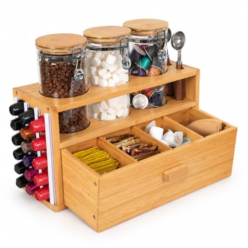 KKC HOME ACCENTS Bamboo Tea Station Organizer Set with 3 Glass Jars Drawer
