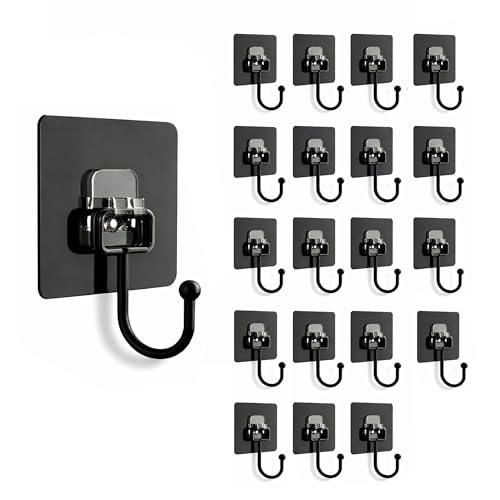 Image of BRAND VILLA Black Adhesive Wall Hooks Pack of 20 - Heavy Duty No Drill Sticky Hooks for Bathroom, Kitchen & Door - Waterproof Stainless Steel Towel & Coat Holder - Strong Self Adhesive Hooks
