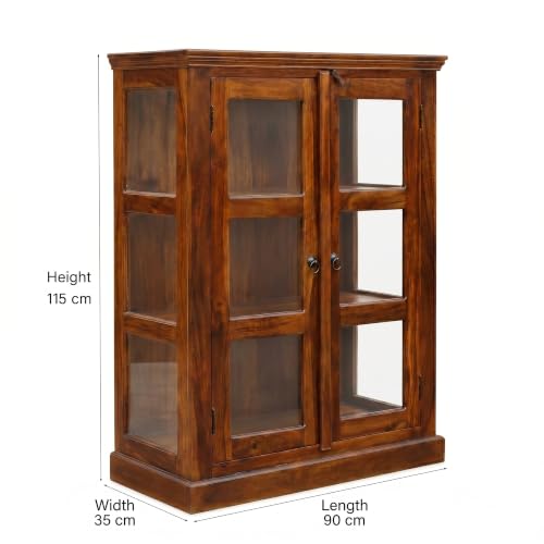 Image of Wood Crockery Cabinet with Glass Door | Wooden Showcase Almirah | Book Shelf Crockery Unit for Home & Kitchen Living Room - (Natural)