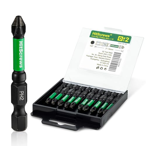 Hitscrews 2 Inch Anti Slip Phillips Impact Driver Bits #2 New Precision Laser-Etched Micro-Slip Grip S2 Steel Ph2 Magnetic Screwdriver Bits For Heavy-Duty Repairs & Home Improvement | 10 Pack