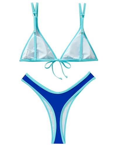 SUUKSESS Women Cheeky Thong Strings Two Piece Bikini Sets Sexy High Waisted Triangle Swimsuit Color Block Bathing Suit (Blue Color Block 2, XL) — view 4