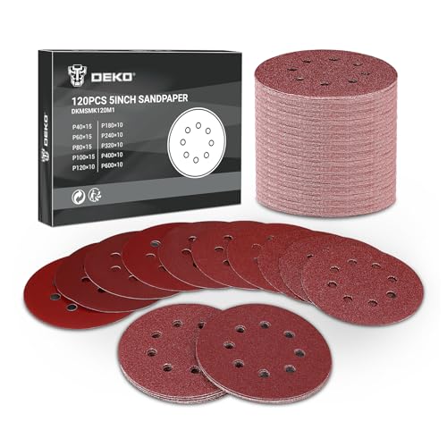 DEKOPRO 120 PCS Discos para lijas 125mm, Discos de Lija con 8 Agujeros para Lijadora Excéntrica y Lijadora Orbital (40/60/80/100/120/180/240/320/400/600 granos)