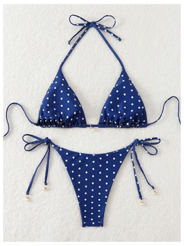 Image of SOLY HUX Women's Polka Dots Print Bathing Suit Halter Triangle Tie Side Bikini Sets Two Piece Swimsuit