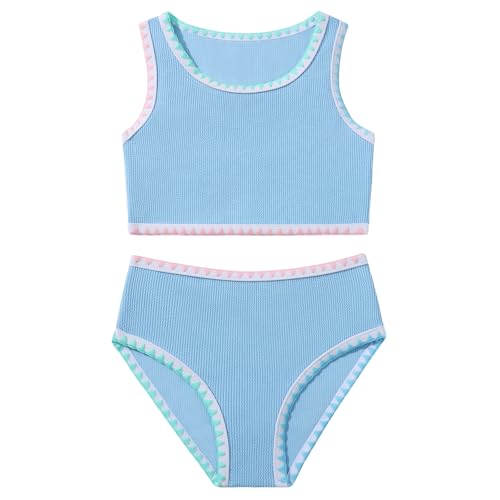 Image of Girls Bathing Suit Toddler Swimsuits 2 Piece Bikini Sets Round Neck Colorful Lace Teen Girls Swimwear 3-14T