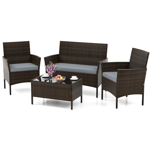 SOARS Juego de salón de jardín de 4 piezas, muebles de jardín con cojines, sofá de 2 plazas, 2 sillones de ratán PE, mesa baja de cristal, muebles de exterior para terraza, balcón (marrón+gris)