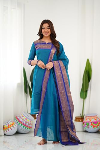 Image of TWINLIGHT Women's Kanchi Cotton Elephant Jaquard Work Kurta and Dupatta Set | V Neck 3 /4 Sleeves Straight Calf Length Kurti with Jaquard Border Work Dupatta | Kurti Set for Women