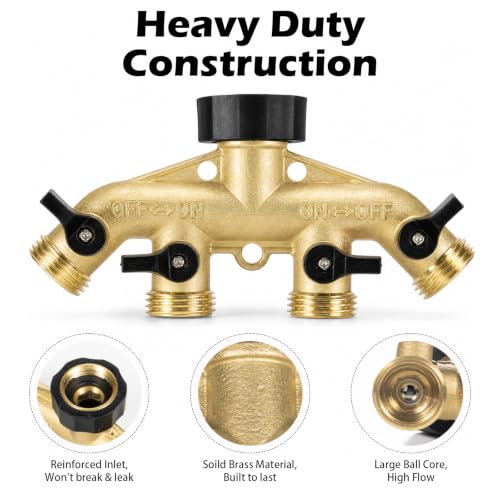 Image of SheeChung 4 Way Hose Splitter, Heavy Duty Brass Garden Hose Splitter Manifold, 3 /4 inch Multi Water Hose Connector Adapter, Outdoor Faucet Spigot Splitter with 4 Shut-Off Valves