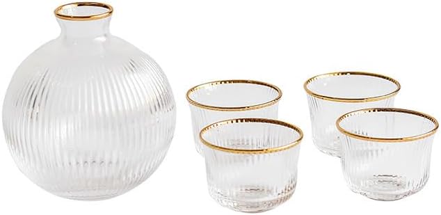 Pitcher 5Pcs Vertical Stripe Sake Pot Transparent Phnom Penh Glass 1 Pot 4 Shot Glass Decanter Wine Set Liquor Dispenser Wine Separator Hot/Cold Water Carafe (Color : A)