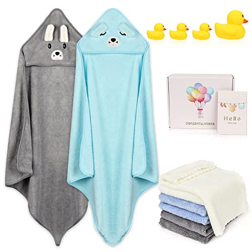 2 Pack Baby Bath Towels 6 Washcloths, 14-Piece For Newborn, Infant And Toddlers, Ultra Soft Absorbent Baby Stuff For Boys And Girls (Bunny, Puppy) #TOP15