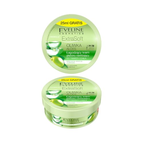 Eveline Cosmetics Crema Idratante Lenitiva Extra Soft Aloe Vera per Viso e Corpo con Estratti di Oliva, Proteine della Seta e Pantenolo - 175ml
