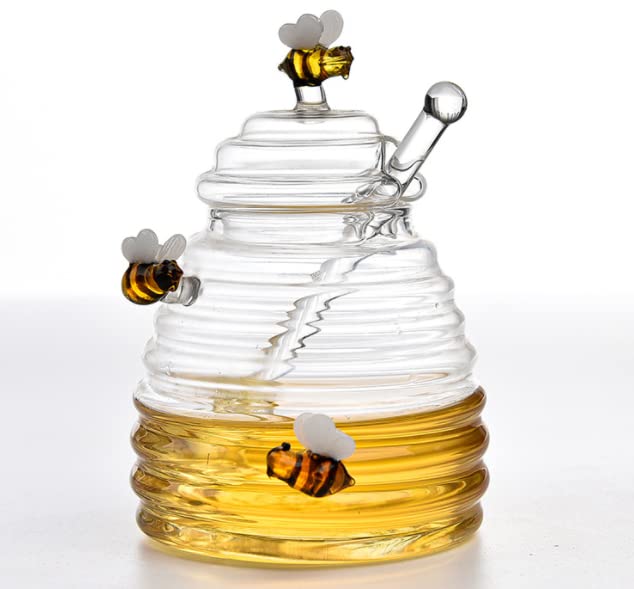 Glass Honey Jar with Dipper and Lid Little Bee Honeypot Bee Pot 17oz