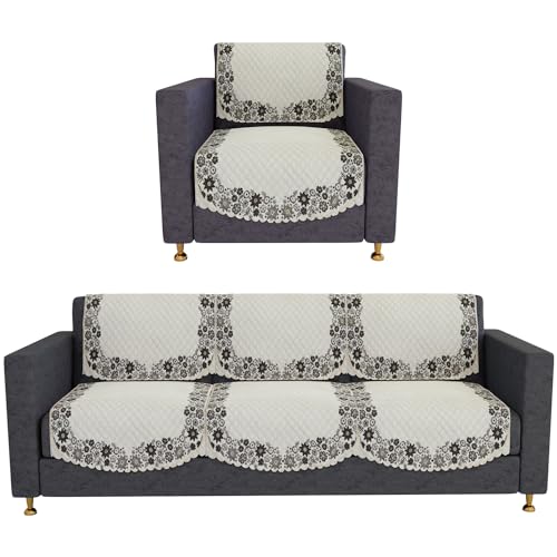 Image of Kuber Industries Sofa Cover | Velvet 3+1 Seater Sofa Slip Cover Set | Digital Painting Sofa Cover | Suede Ultra Sonic Couch Cover | Sofa Slipcover Set Living Room | Cream
