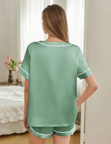 Image of Silk Pajamas for Women Short Sleeve Satin 2 Piece Pj Set Soft V Neck Sleepwear Loungewear, S-XXL