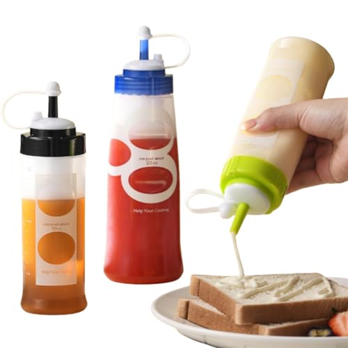 RRMMAN 3 bottiglie in silicone da spremere con coperchio, dispenser in plastica per salse, condimenti, ketchup, miele, aceto, senape, marmellata, 650 ml