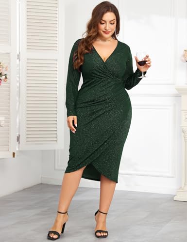 Image of ZOMVA Plus Size 0X-4X Sparkly Glitter Ruched Bodycon Midi Dress Sparkle Sequin Wrap Ruffle Sleeve Dress Cocktail Party Formal