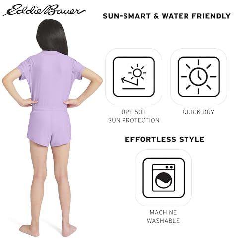 Image of Eddie Bauer Girls' UPF 50+ Rash Guard Sun Tee Shirt and Swim Short Set