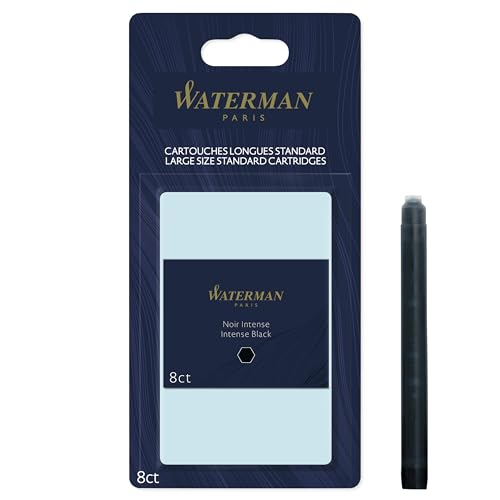 Waterman Fountain Pen Ink Cartridges, Long, Intense Black, 8 Count,