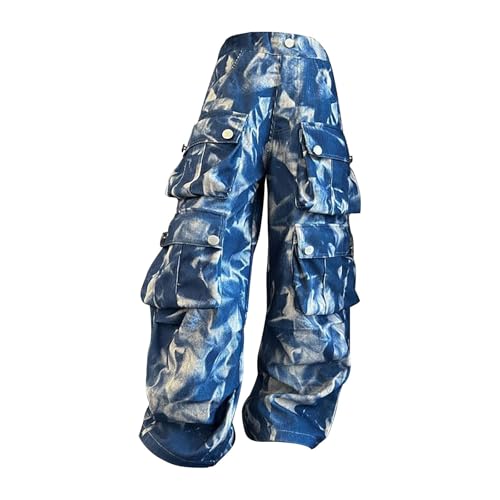 Girls Boys Camouflage Cargo Jeans Kids Baggy Hip Hop Denim Pants Tie Dye Pockets Elastic High Waist Aesthetic