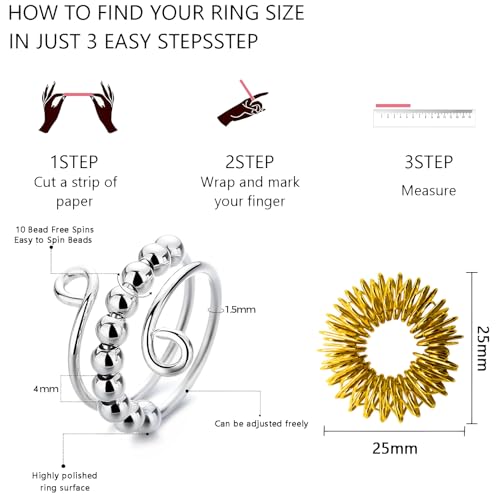 AMSNINK 4 Stück Verstellbare Anti-Stress-Ring Mit 4 Stück Akupressur Ringen, Fidget Ring, Anxiety Ringe, Antistress Ringe, Für Mädchen Und Frauen Stress Relief Ängstlichkeit