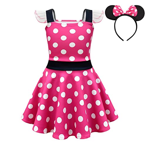 Lito Angels Disfraz Vestido de Minnie Mouse con Aro de Pelo Orejas de Ratón para Niñas Talla 5-6 años, A - Lunares Rosa Fuerte