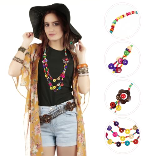 Amosfun Women Retro Bohemia Style Necklace Floral Coconut Shell Hand-Knitted Colored Coconut Shell Wooden Beads Beach Fashion Jewelry Pendant Charm3