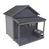 Wooden Outdoor Large Dog House with Balcony and Asphalt roof - Outdoor Insulated Includes Wooden Door, Food Bowl and Cozy mat - Insulated Dog House is Durable, Wind and Water Resistant(W1431S00005)