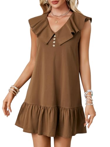 Image of LYANER Women's Summer Dress | Ruffle Hem, Button, Sleeveless Tank, V Neck, Casual Smock, Boho, Mini, Beach