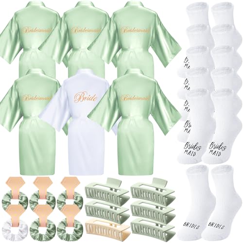 Image of Bonuci 24 Pcs Bride Bridesmaid Robes Set of 6 Bridal Silk Satin Robes for Wedding Bachelorette Party Bridal Shower Gifts