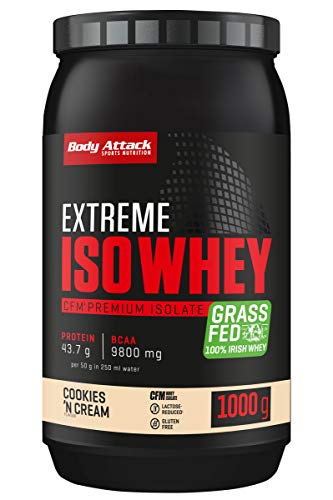 Body Attack Whey Protein Pulver Cookies n Cream, 1 kg Protein Pulver, leicht löslich & schnell verdaubares Whey Isolate - aus 100% irischer Weidemilch