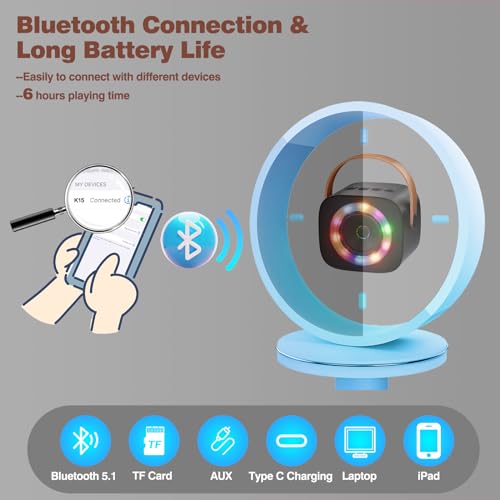 Karaoke Machine for Kids, Portable Bluetooth Mini Karaoke Microphone Singing Speaker with 2 Wireless Mic, Long Battery Life and Stereo Sound, Christmas Birthday Gifts for Family Home Party Black - Thumbnail 4