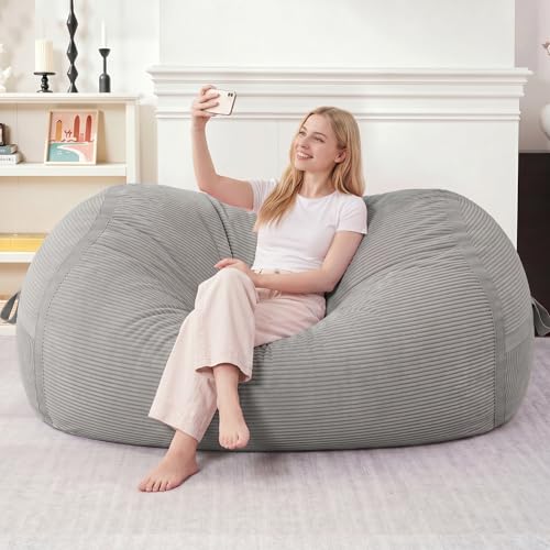 Image of 5FT Bean Bag Chair 5'Giant Bean Bag Chairs with Adults, Large Beanbag Chair | Bean bag Lounger with Machine Washable Cover Corduroy Fabric, Comfy Chairs for Living Room Bedroom Dorm, Lightgrey