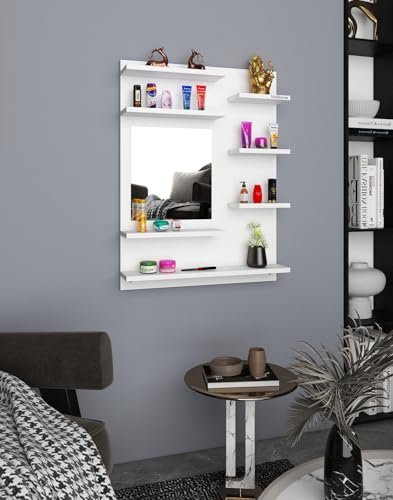 Image of Madhuran Ricco Engineered Wood Wall Mounted Dressing Table (White Finish) Living Room Bedroom Office Furniture Accessories Washbasin Makeup Space Saving Storage Washroom Mirrors