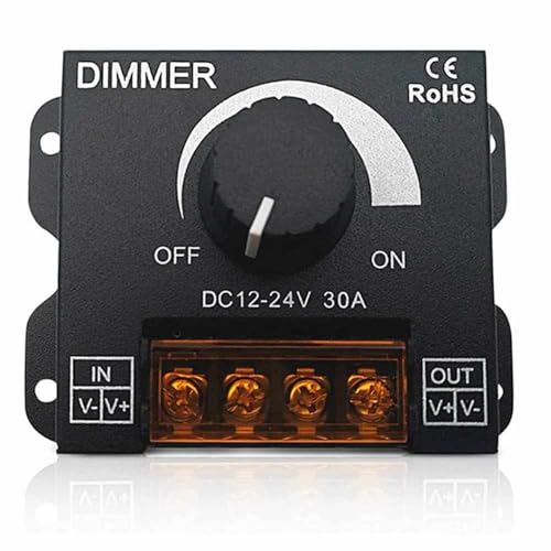 TECHZOCO Controlador Dimmer de intensidad tira led, Regulador De Voltaje Con Botón Giratorio, Controlador de Atenuación LED, 12V 24V CC 30A, Apto para Tira de LED de un solo color