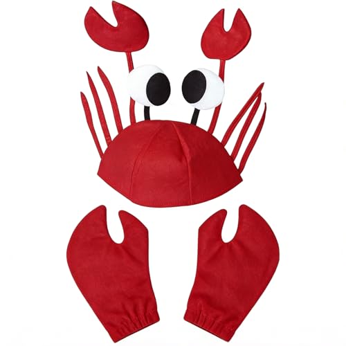 ToqoGeri 2 PCS Crab Outfit With Hat And Gloves Lobster Costume Under The Sea Costumes Funny Hats For Adults And Kids Halloween Party Accessories Cosplay Dress Up