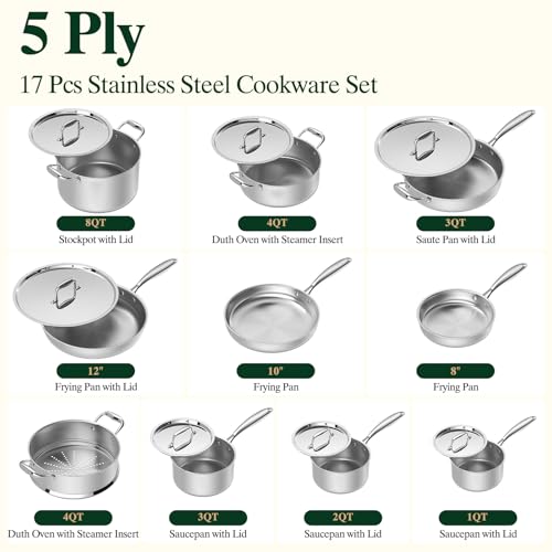 Image of Umite Chef 17Pcs 5 Ply Clad Stainless Steel Cookware Set with Lids, Heavy Duty Pots and Pans Kitchen Set, Induction-Ready, Dual Aluminum Core for Even Heat, Cool Grip Handles, Dishwasher Safe