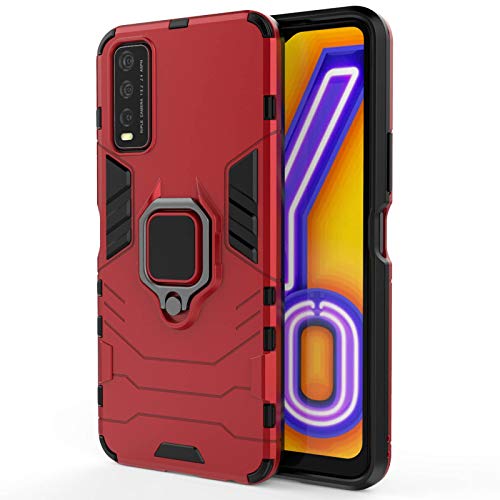 GOGME Funda para Vivo Y20s / Y11s / Y20, Shockproof Carcasa con 360 Grados Giratorio Anillo Kickstand [Soporte de Coche Magnético Compatible], Hard PC y Silicona TPU Tough Armor Case. Rojo