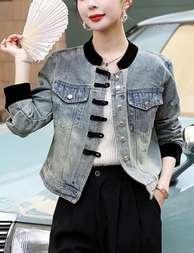 Kwoki Womens Cropped Denim Jacket Casual Long Sleeve Baseball Collar Bomber Jackets Patchwork Short Jean Coat4
