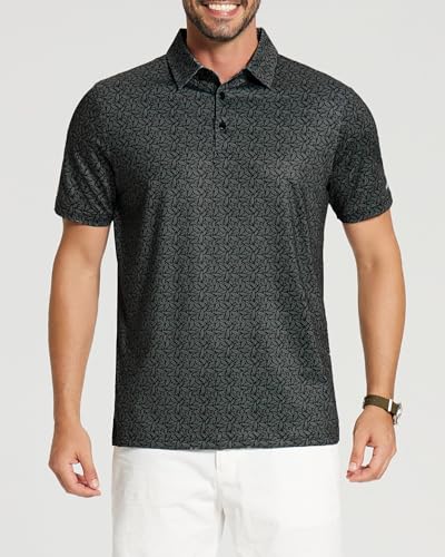 Image of Golf Shirts for Men - Dry Fit Moisture Wicking Short Sleeve Performance Sport Casual Striped Collared Mens Polo Shirt