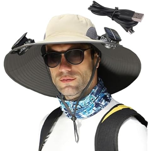 Wide Brim Sun Hat with Solar Fan, Solar Fan Hat, Men Sunscreen Sun Hat with Fan, Solar Fan Outdoor Fishing Hat (US, Alpha, One Size, Khaki) Cover