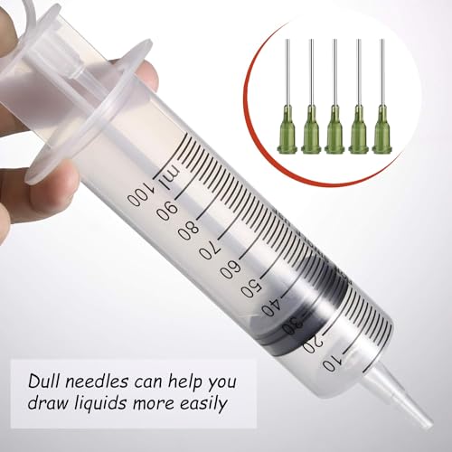 Spritze 100ml mit Stumpfer Nadel 5 Stück Spritzen 100ml Steril Verpackt Dosierspritze Wiederverwendbar für Fütterung Pflanzenbewässerung Motoröl oder Bremsflüssigkeit