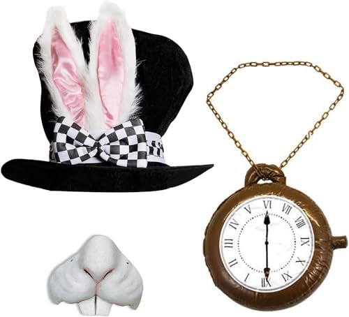 Chapeau de Lapin d'Alice aux Merveilles pour adulte avec montre gonflable et nez de déguisement
