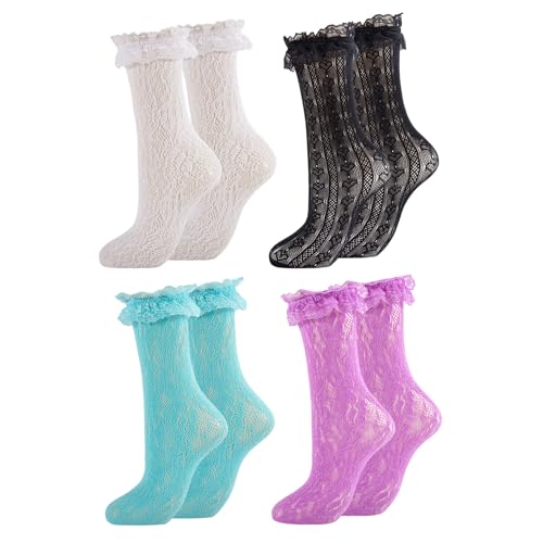 Image of Women Lace Ruffle Socks White Black Frilly Lolita Crew Dress Socks