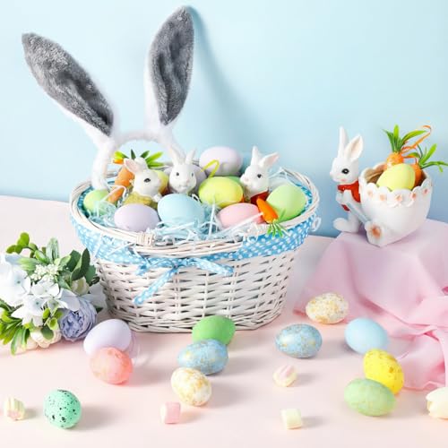 Image of SiliFine Easter Bunny Gift Basket Set Include Wicker Basket with Liner Gingham, Easter Bunny Headband, Easter Eggs, Raffia Paper Grass, Easter Gift for Party Favor Decoration(Blue)