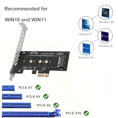 Image of NVME M.2 SSD M Key to PCI-e 3.0 x1 Host Controller Expansion Card,Supports M2 NGFF PCI-e 3.0, 2.0 or 1.0, NVME or AHCI, M-Key, 2280, 2260, 2242, 2230 Solid State Drives with Low Profile Bracket