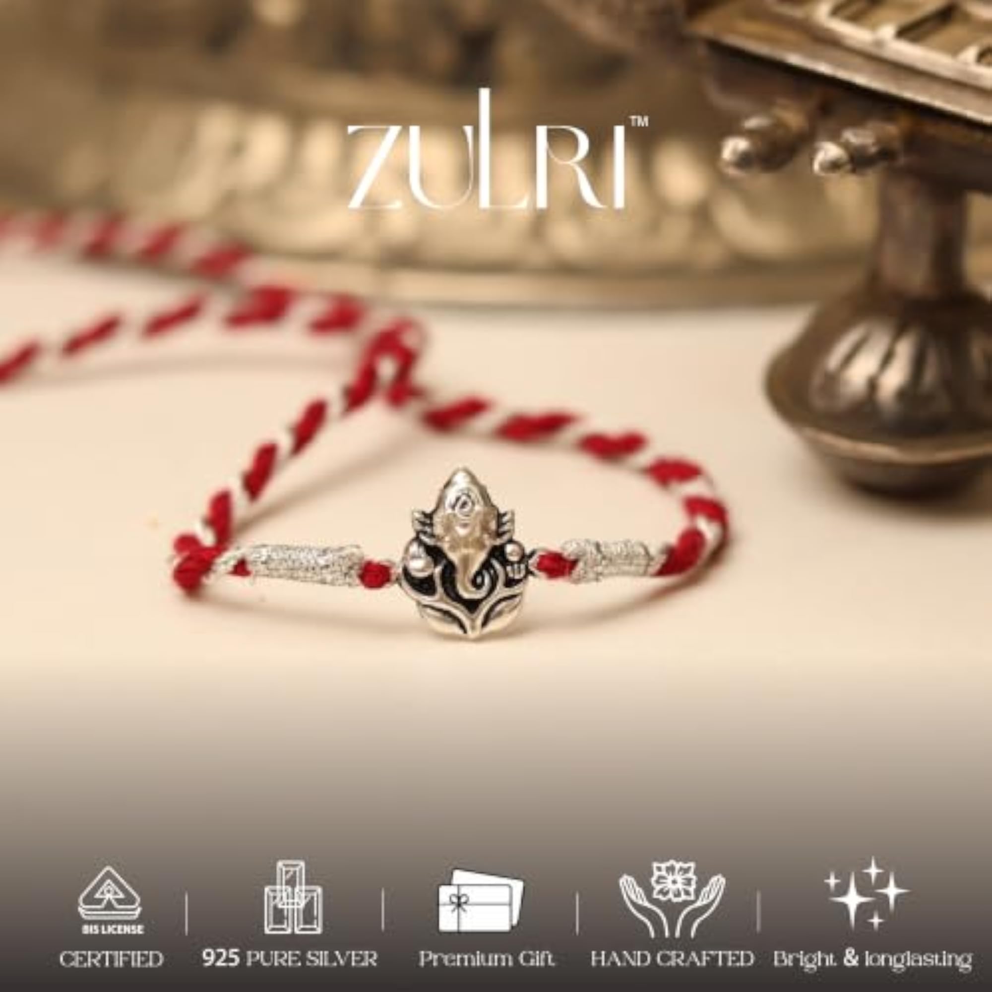 925 Sterling Silver Antique Ganesh Rakhi with Greeting Card