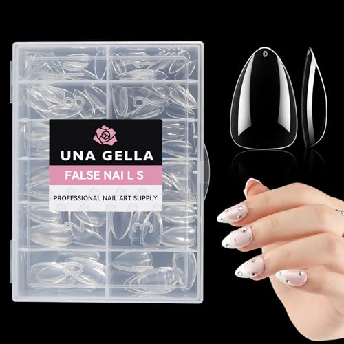Image of UNA GELLA Short Almond Nail Tips Pre-shape Short Almond Gel Nail Tips 216pcs Press on Nails 12 Sizes Soft Gel Acrylic Clear Fake Full Cover for Nails Extension Home DIY Salon